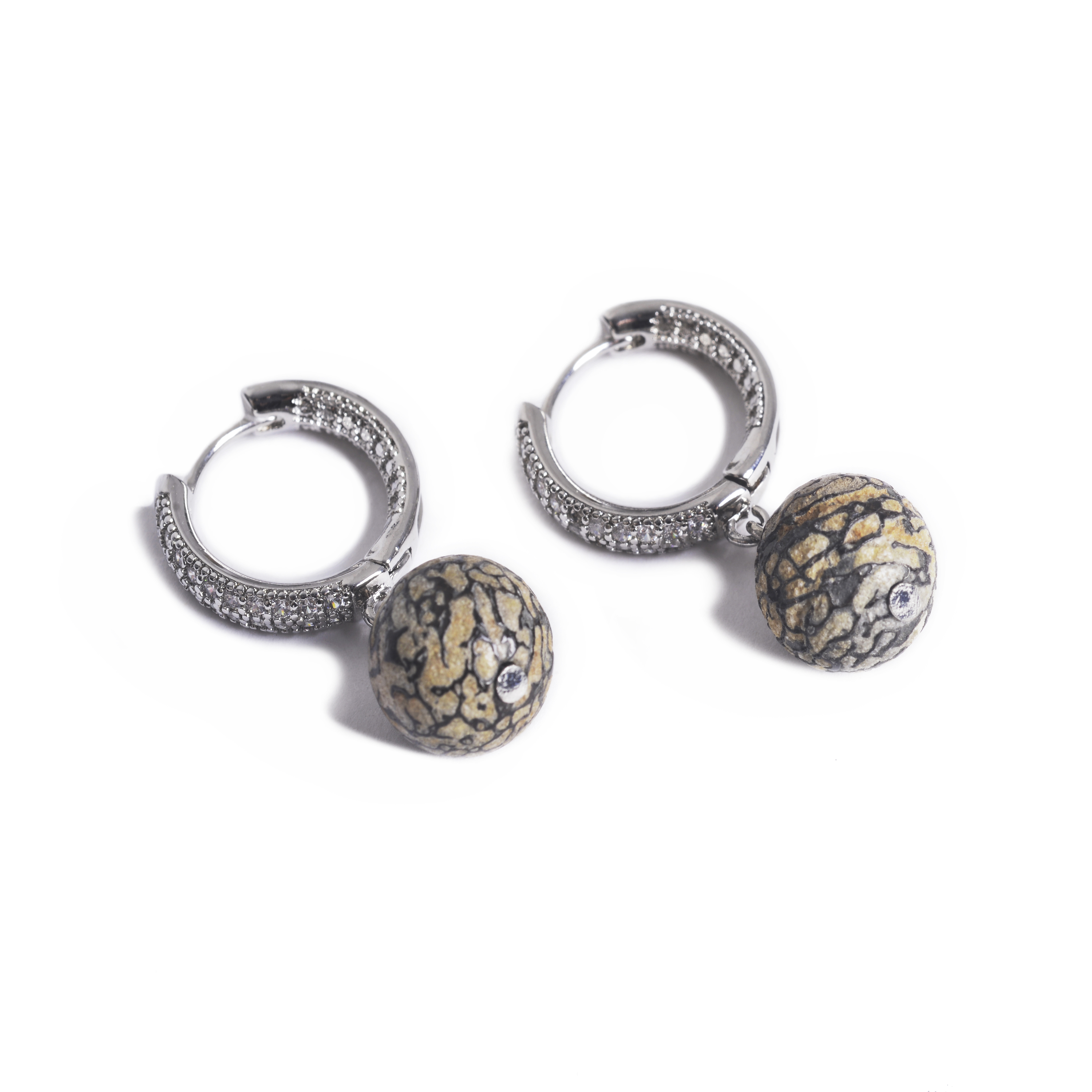 Серьги Бусинка из кости динозавра (динобон) + фианит